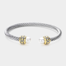 Two Tone Plated Pearl Tip Cable Cuff Bracelet
