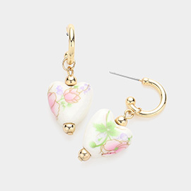 Floral Printed Ceramic Heart Dangle Earrings