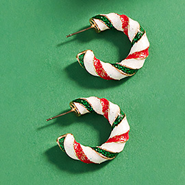 Enamel Christmas Candy Cane Hoop Earrings