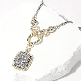 14K Gold Plated Stone Paved Square Pendant Necklace