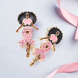 Stone Paved Pink Ribbon Enamel   Afro Woman Earrings
