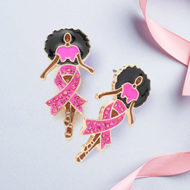 Stone Paved Pink Ribbon Enamel   Afro Woman Earrings