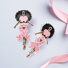Stone Paved Pink Ribbon Enamel   Afro Woman Earrings
