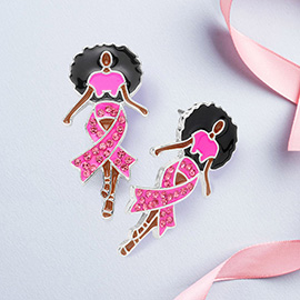 Stone Paved Pink Ribbon Enamel   Afro Woman Earrings