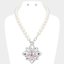 Square Oval Glass Stone Embellished Pendant Accent Toggle Pearl Statement Necklace