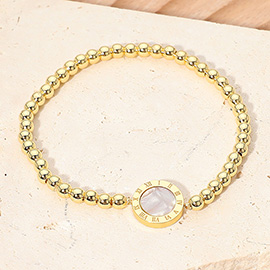 Roman Numeral Round Disc Pointed Stainless Steel Ball Beaded Stretch Bracelet