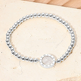 Roman Numeral Round Disc Pointed Stainless Steel Ball Beaded Stretch Bracelet