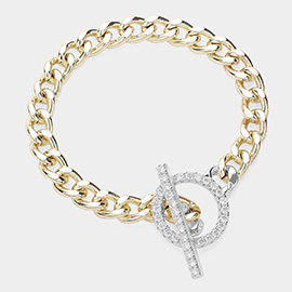 14K Gold Plated Chain CZ Stone Paved Toggle Bracelet