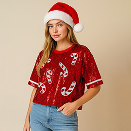 Christmas Sequin Candy Cane Crop Top