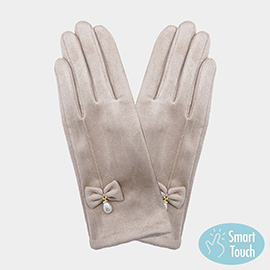 Bow Pearl Dangle Pointed Faux Suede Smart Touch Gloves