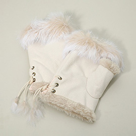 Two Toned Real Fur Trim Fingerless Gloves