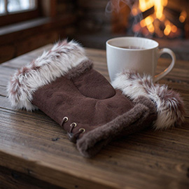 Two Toned Real Fur Trim Fingerless Gloves