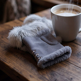 Two Toned Real Fur Trim Fingerless Gloves