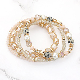 4PCS - Semi Precious Pearl Faceted Beaded Stretch Multi Layered Bracelets