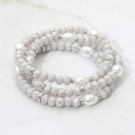 3PCS - Pearl Faceted Beaded Stretch Multi Layered Bracelets