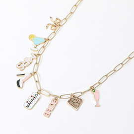 Enamel BRIDE Just MARRIED MRS Message Cocktail High Heel Jewel Bow Charm Station Necklace