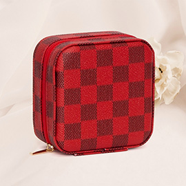Faux Leather Checkered Pattern Portable Square Jewelry Box