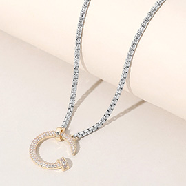 14K Gold Plated CZ Stone Paved Two Tone Curved Nail Pendant Necklace