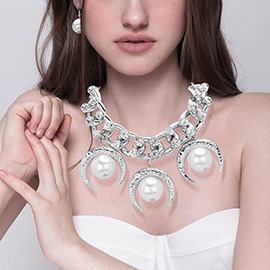 Oversized Pearl Pointed Crescent Charm Accented Stone Embellished Chunky Chain Statement Necklace