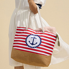 Anchor Printed Striped Rope Handle Beach Tote Bag