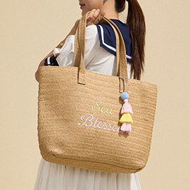 Raffia SEA BLESSED Message Embroidered Summer Tote Bag