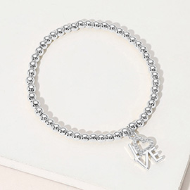 Stainless Steel Ball Stone Paved Heart LOVE Charm Beaded Stretch Bracelet