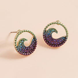 Stone Paved Colored Metal Wave Stud Earrings