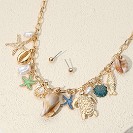 Sea Turtle Puka Shell Fish Pearl Starfish Charm Embellished Necklace