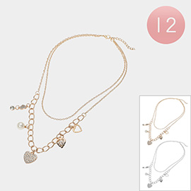 12PCS - Heart Pearl Charm Station Double Layered Necklaces