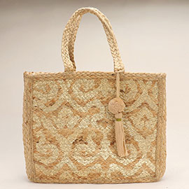 Geometric Pattern Printed Tassel Jute Tote Bag