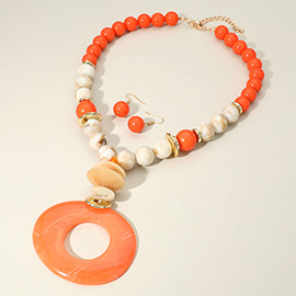 Bold Marbled Resin Pendant Accented Beaded Statement Necklace