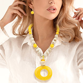 Bold Marbled Resin Pendant Accented Beaded Statement Necklace