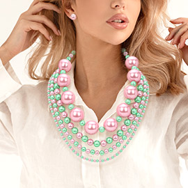 Multi Layered Chunky Pearl Beaded Strand Statement Necklace