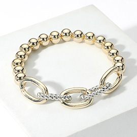 Two Tone Metal Oval Link Accented Beaded Stretch Bracelet