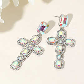 Glass Stone Cluster Cross Dangle Evening Earrings