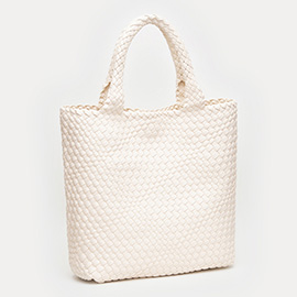 Faux Leather Braided Top Handle Tote Bag with Pouch