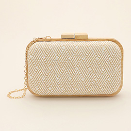 Raffia Geometric Woven Pattern Wooden Clutch Bag / Crossbody Bag