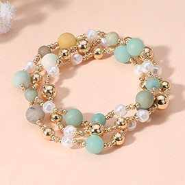 3PCS - Natural Stone Metal Ball Pearl Beaded Stretch Multi Layered Bracelets