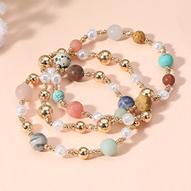 3PCS - Natural Stone Metal Ball Pearl Beaded Stretch Multi Layered Bracelets