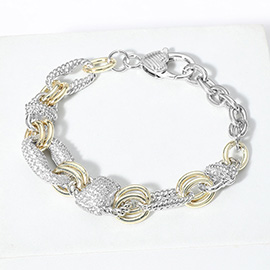 14K Gold Plated Two Tone CZ Stone Paved Ring Link Bracelet
