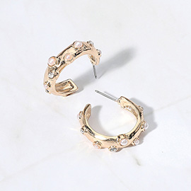 Pearl Embellished Textured Metal Hoop Earrings