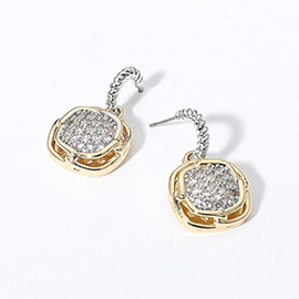 14K Gold Plated CZ Stone Paved Square Dangle Earrings