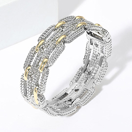 Two Tone Double Layered Textured Link Hinged Bangle Bracelet