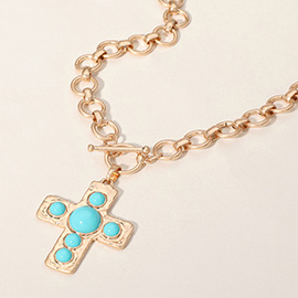 Turquoise Stone Cross Pendant Chunky Chain Necklace