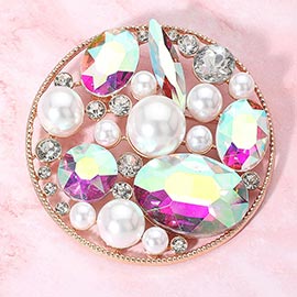 Pearl Stone Cluster Embellished Chunky Round Pin Brooch