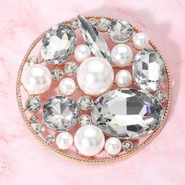 Pearl Stone Cluster Embellished Chunky Round Pin Brooch