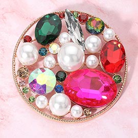 Pearl Stone Cluster Embellished Chunky Round Pin Brooch