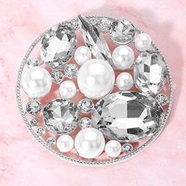 Pearl Stone Cluster Embellished Chunky Round Pin Brooch