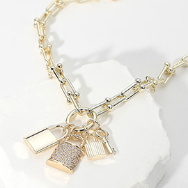 14K Gold Plated CZ Stone Paved Triple Lock Pendant Hardware Chain Necklace