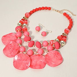 Chunky Wavy Resin Disc Beaded Double Layered Statement Necklace